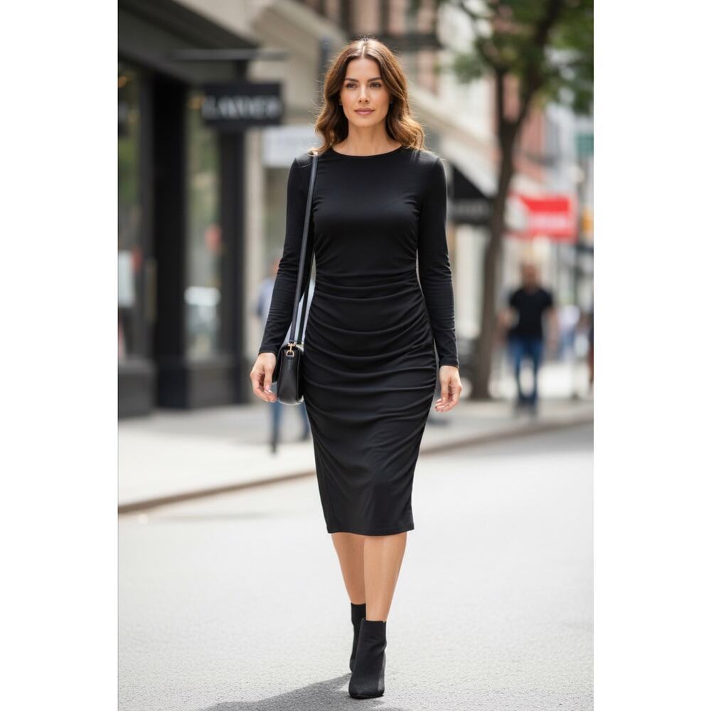 Donna Karan New York Black Ruched Long Sleeve Midi Dress Size M Elegant Stretch